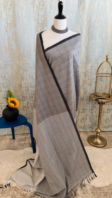 ShopNaya Exclusive | Handwoven | Contemporary Pure Cotton Saree | No Blouse | Gray & Black | Handloom Mark | Ships from California